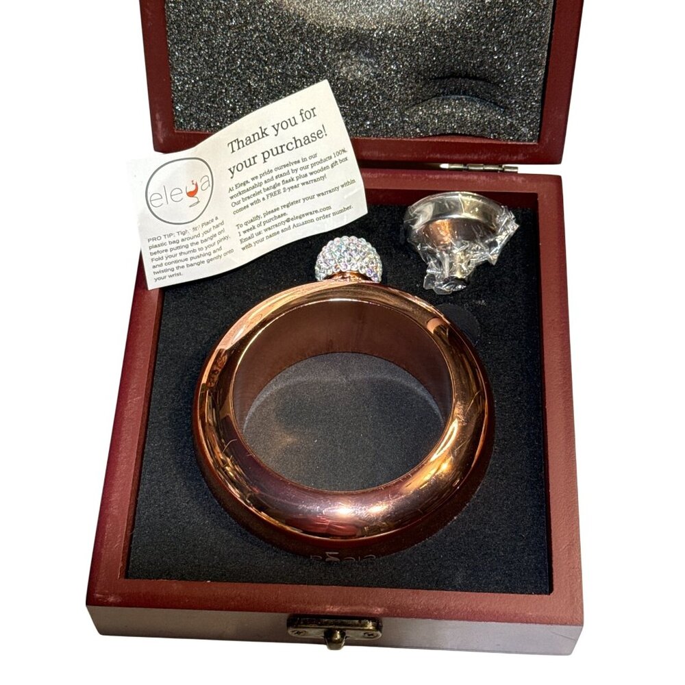 Elega Rose Gold-Tone Bracelet Flask with Rhinestone Cap in Gift Box- Stainless S